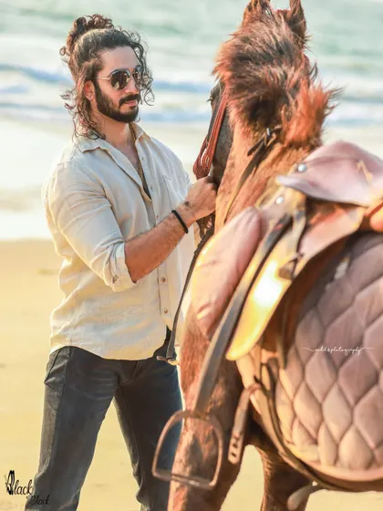 An extensive editorial series of a male model with a horse on the beach. I used a mix of color and black and white, along with varied poses, to create a powerful narrative of untamed strength and freedom.