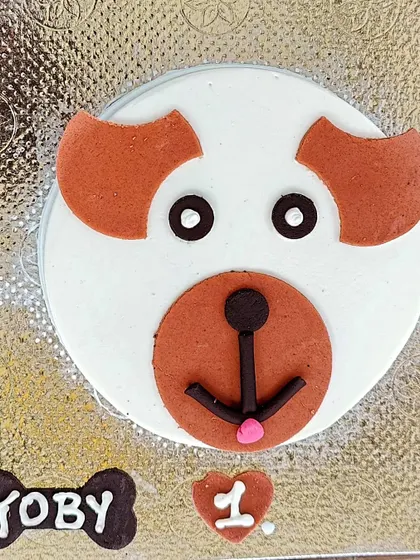 A detailed look at the custom-designed cake for Toby's first birthday. The little bone-shaped cookie with his name is a favorite detail.