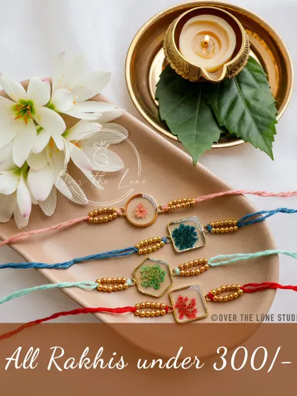 All my handmade Rakhis are affordably priced. This image shows a selection of them on a traditional thali, ready for the Rakshabandhan ceremony.