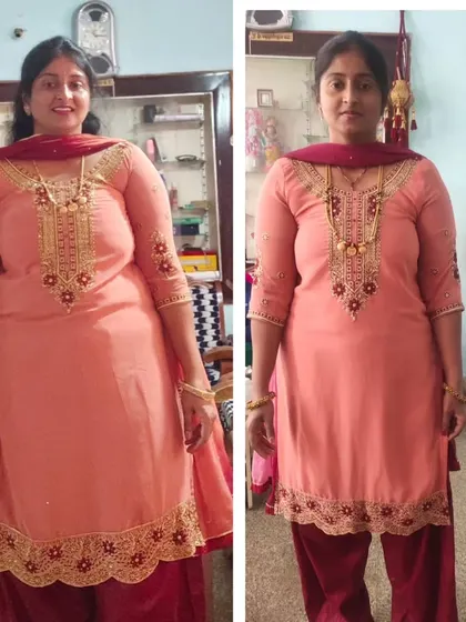 Another look at Chaithra's progress. Her success in reversing PCOD symptoms and losing fat was guided by one of my team's diet coaches, proving that our personalized support system works.