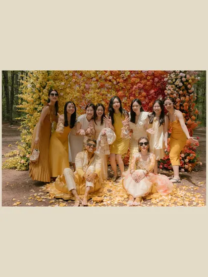 The whole crew, basking in the golden hues of the Haldi. Group photos don't have to be stiff; I aim to capture the collective joy and camaraderie.
