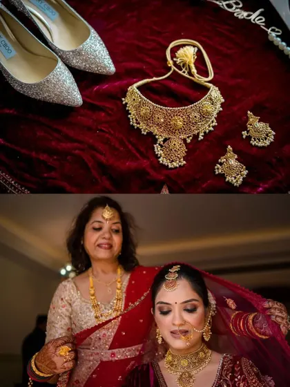 A collage showing bridal details like her Jimmy Choo shoes and gold necklace, alongside a shot of her mother helping her with the veil.