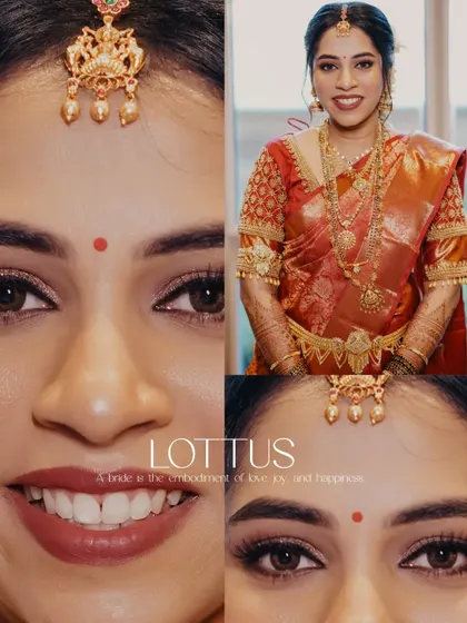 A collage celebrating the South Indian bride's beauty. The close-ups of her expressive eyes, smile, and traditional jewelry tell a story of love, joy, and happiness.