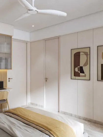 Another angle of the minimalist son's bedroom render, showing the integrated workspace with a fluted wood backdrop and glass-fronted cabinets.