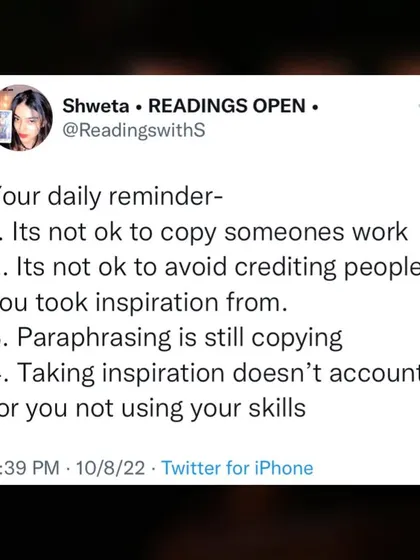 A public service announcement: It's not okay to copy someone's work. Paraphrasing is still copying. Taking inspiration doesn't mean you stop using your own skills. Always credit people.