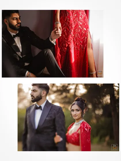 A collage of artistic portraits from the couple's reception in Goa.
