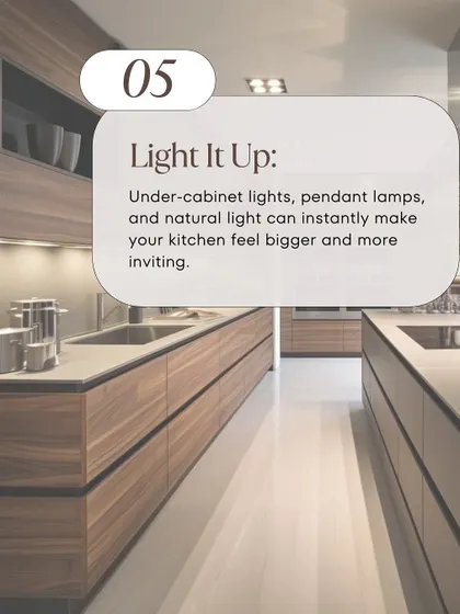 Good lighting can instantly make a kitchen feel bigger and more inviting. We recommend a combination of under-cabinet lights for tasks, pendant lamps for style, and maximizing natural light.