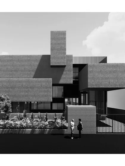 A render of a factory building concept titled "Suspended Solids." The design breaks down the large mass of the factory into a series of floating concrete volumes, creating a more dynamic and less monolithic facade.