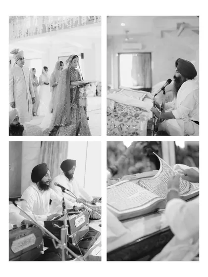 A collage of black and white images from a Sikh ceremony, focusing on the spiritual and traditional elements of the wedding.