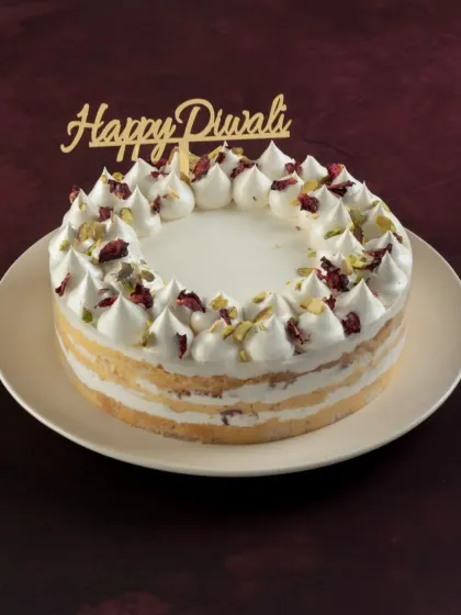 My Rose Pistachio Tres Leches cake is a popular choice for Diwali. This fusion dessert combines the classic milk cake with Indian flavors of rose and pistachio.
