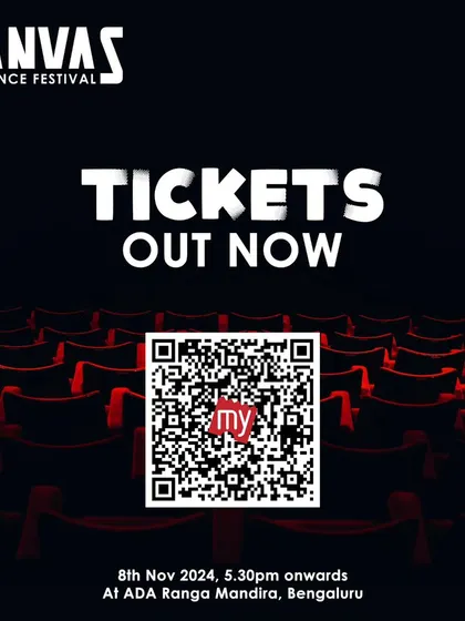 A ticket announcement for the Canvas Dance Festival 2024, featuring a QR code for easy booking on BookMyShow. We aim to make our events accessible to all dance lovers.