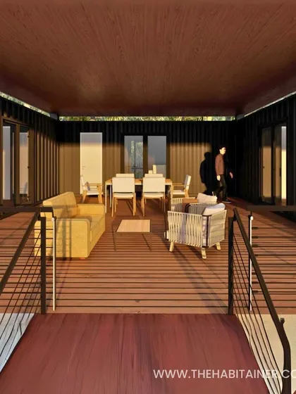 A render of the spacious wooden deck of a 3BHK container home, designed for outdoor living and dining.