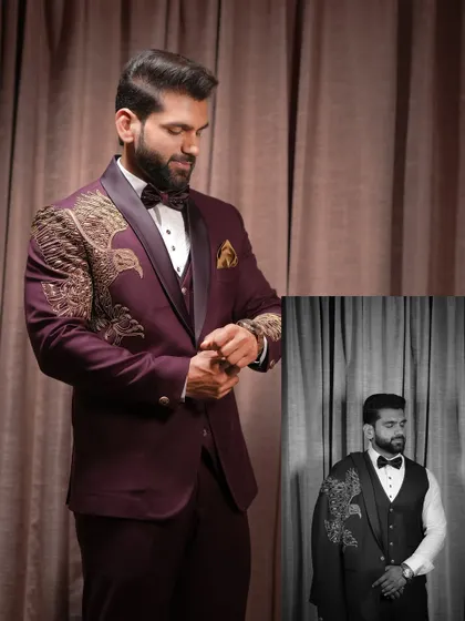 A dapper portrait of the groom in his engagement suit, featuring intricate embroidery on the jacket.