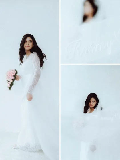 An artistic collage focusing on the bride's ethereal beauty, using the veil to create soft, dreamy portraits. These shots highlight the creative approach of my wedding photography team.
