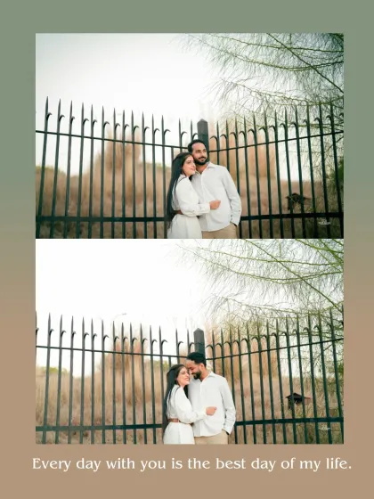 A diptych of the couple sharing a quiet, intimate moment against a tall iron fence, capturing their gentle connection.