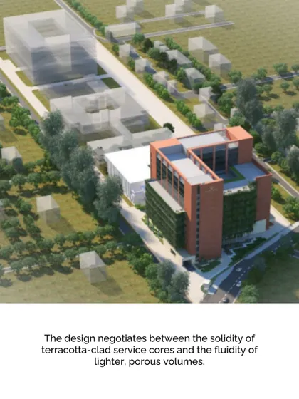 An aerial render showing how the new wing of Peerless Hospital integrates with the existing campus. The design negotiates between the solidity of terracotta-clad service cores and the fluidity of lighter, porous volumes.
