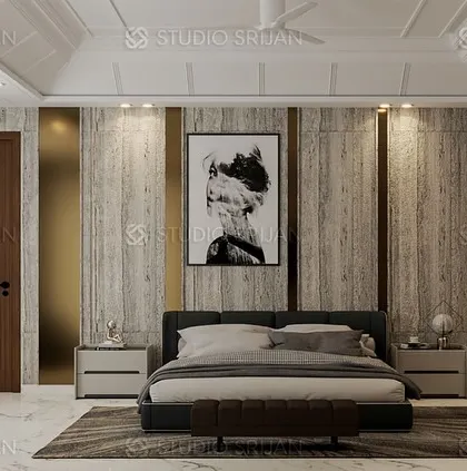 The main view of the Model Town bedroom, showing the symmetrical design with matching nightstands and a large piece of monochrome art above the bed.