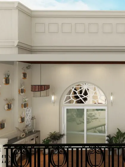 A wide view of the bohemian balcony, showcasing the overall design that blends rustic charm with modern elegance.