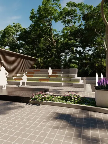 This render illustrates a public plaza with tiered seating and a water feature, designed as a community hub. The combination of wooden slats, concrete, and lush planters creates a modern yet natural gathering space.