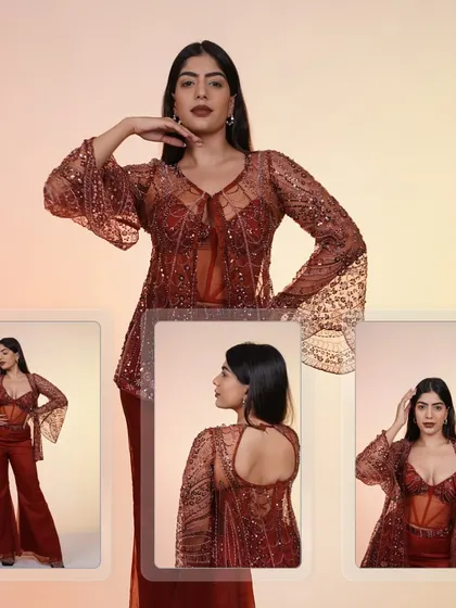 A collage of the rust-colored corset set, showing off its unique design and intricate details from every angle.