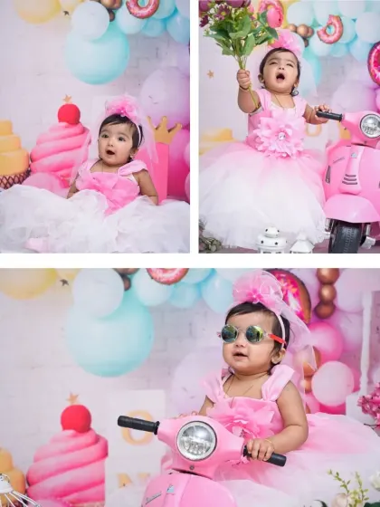 This three-photo collage captures a range of expressions and poses from the 'Candy Land' session, from sitting sweetly to raising a hand with excitement.