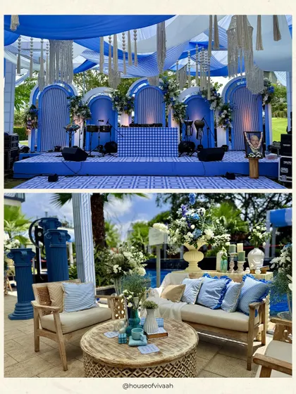 This collection of images provides a deeper look into my blue and white themed events. You will find details like custom stationery, floral-filled fountains, elegant table settings with blue pottery, and beautifully styled lounge areas, all showcasing a timeless and sophisticated design approach.