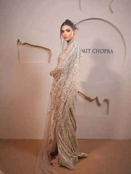 A shimmering, champagne-colored gown with a dramatic, flowing cape. This is a perfect look for a modern, high-fashion reception.