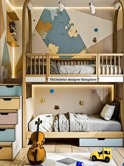 This custom bunk bed is perfect for a shared room. It features a sturdy wooden frame, drawers integrated into the staircase, and an additional pull-out storage drawer under the bottom bunk, making it highly space-efficient.