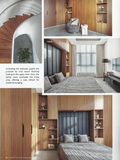 A magazine feature showcasing the guest room's clever use of space, including the Murphy bed and integrated shelving, alongside the sculptural wooden staircase.
