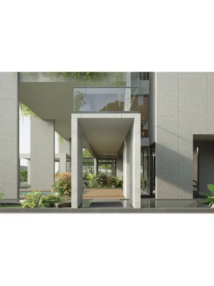 The entrance to the 'House on Water' is envisioned as a pathway that cuts through the water, leading you into a home surrounded by reflections. Overhanging volumes and lush greenery create a shaded, welcoming transition from the outside world.