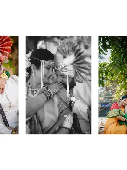 A triptych of couple portraits taken after the ceremony. It shows the couple in both color and black and white, capturing their happiness in a relaxed, natural setting.