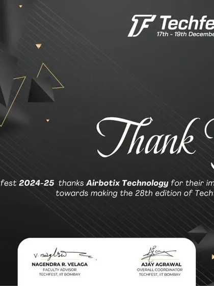 We received this certificate of appreciation from IIT Bombay for our immense contributions to Techfest 2024-25. We are proud to have powered innovation at Asia's largest science and technology festival.