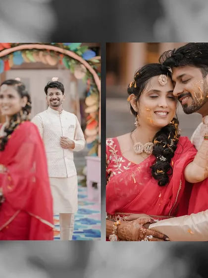 This collage combines a candid shot of the couple with an intimate portrait from their Haldi ceremony. The mix of black and white adds a timeless feel to their happy moments.