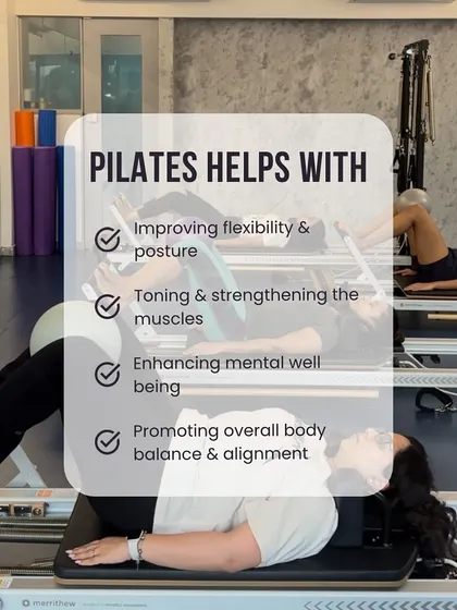 This graphic breaks down the key benefits of our Pilates program. We focus on improving flexibility and posture, toning muscles, enhancing mental well-being, and promoting overall body balance.