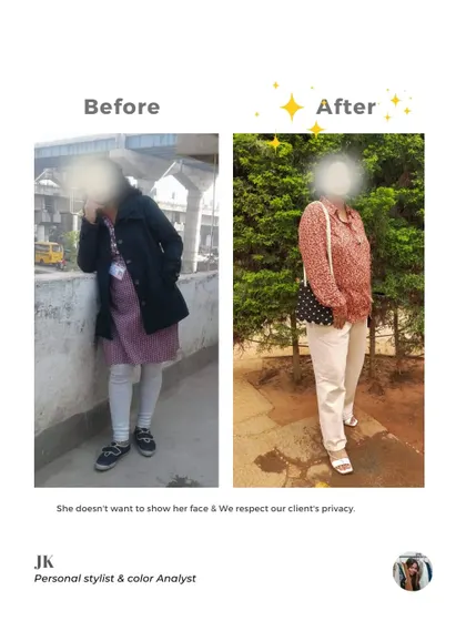 A before and after that showcases a shift to a more polished and confident style. We respect our client's privacy while celebrating their style journey.