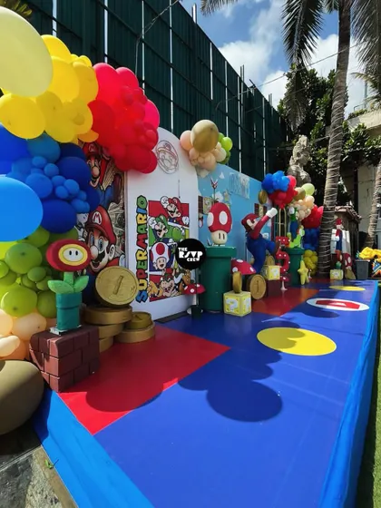 A side view of the extensive Super Mario stage, showing the custom-printed flooring with yellow dots, just like in the game.