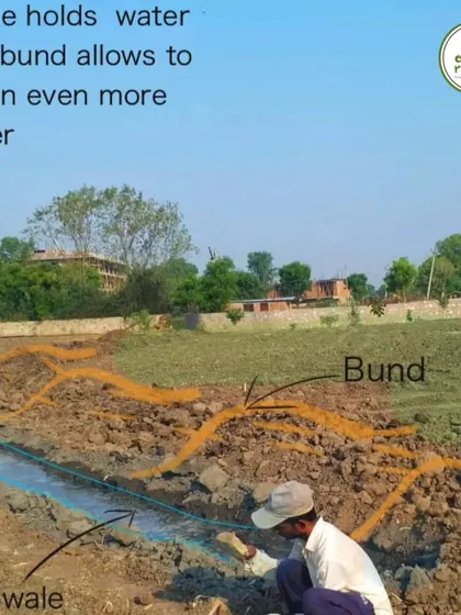 This diagram explains how a swale and bund system works. The swale, or trench, holds water, while the bund, or mound, on the downhill side allows it to retain even more, maximizing water absorption into the soil.
