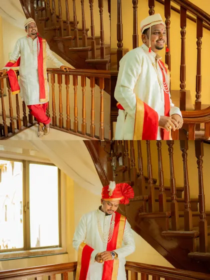A series of portraits of the groom on the staircase, capturing different angles and expressions on his wedding day.
