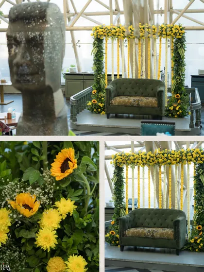 A collage showcasing the beautiful Haldi decor, from the floral arrangements to the main seating area.