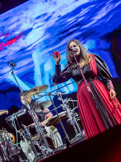 A powerful shot from my performance at Jazz Al Parque, with the drums in the background. This captures the dynamic blend of traditional Indian vocals with a contemporary rhythm section.