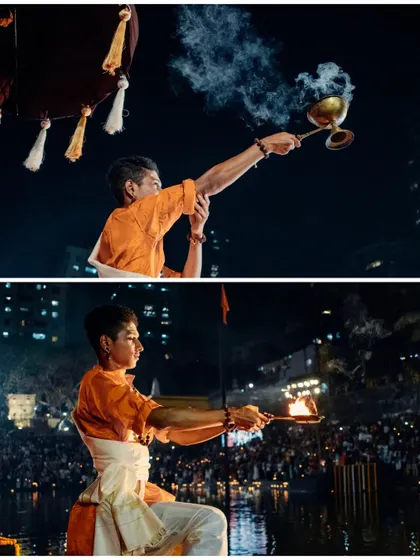 More moments from the aarti, focusing on the use of fire and incense in the ceremony, key elements of the Dev Deepawali celebration.