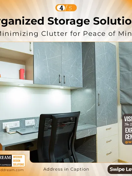 An organized workstation is key to a peaceful mind. This home office design features integrated overhead and side storage, minimizing clutter and creating a dedicated, productive environment.
