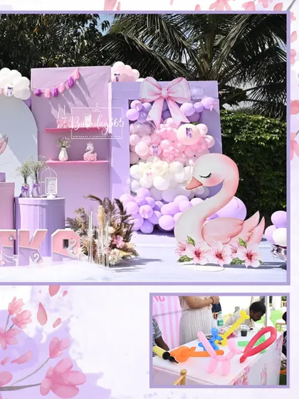 A detailed view of the swan-themed dessert and activity area. The setup includes a large swan prop, a balloon-filled gift box element, and a table for activities like balloon twisting, ensuring guests are entertained.