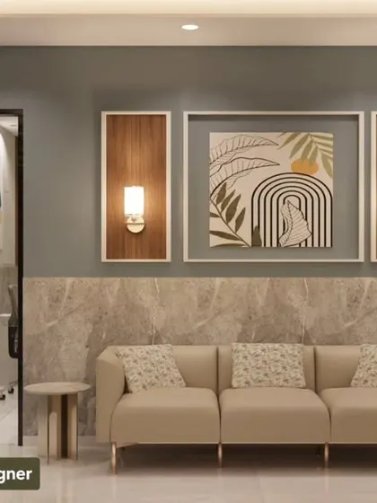 Another waiting area concept, this time with a neutral color palette. The beige sofa, warm wood accents, and soft lighting create a calm and welcoming space for clients.