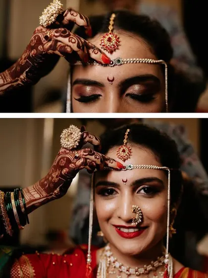 A two-part image showing the final touches of getting ready. The focus is on the bride's expressive eyes and the placement of the traditional bindi.