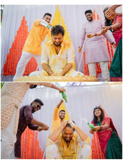 A collage showing the groom getting drenched with water and haldi by his friends, capturing the wild fun of the celebration.