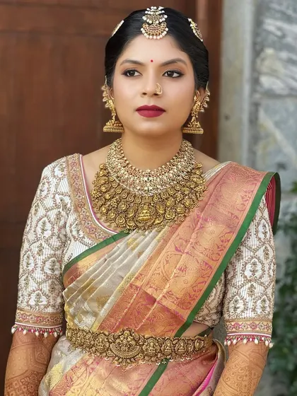 A full-length view shows how the entire look comes together. My training will teach you to have a vision for the complete picture, ensuring the bride looks perfect from head to toe.