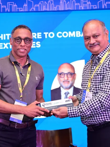Receiving a token of appreciation at the IDAC Nagpur Intelligence Series. The event was filled with innovative ideas and inspiring discussions on the future of sustainable design.