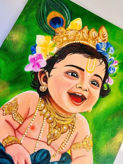 A close-up on Bal Krishna's face. I spend a lot of time on the eyes and smile to make sure his divine and mischievous personality shines through in the artwork.