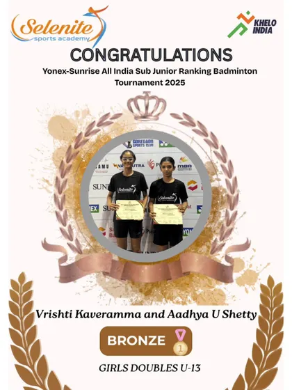 Vrishti Kaveramma and Aadhya U Shetty with their Bronze Medal in U-13 Girls Doubles at the Yonex-Sunrise All India Sub Junior Ranking Tournament.